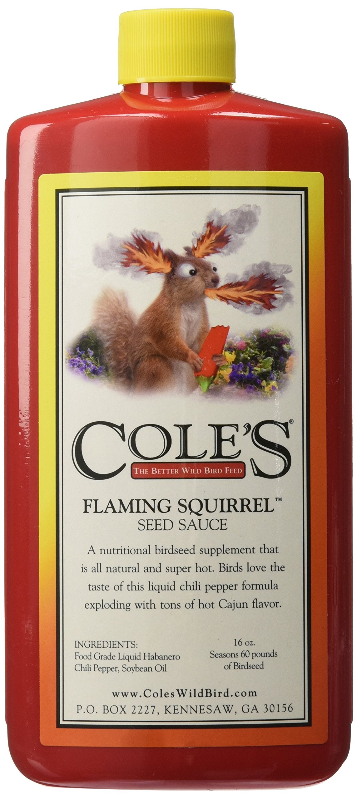 COLE'S Flaming Squirrel Seed Sauce 16 Fl Oz bottle front view
