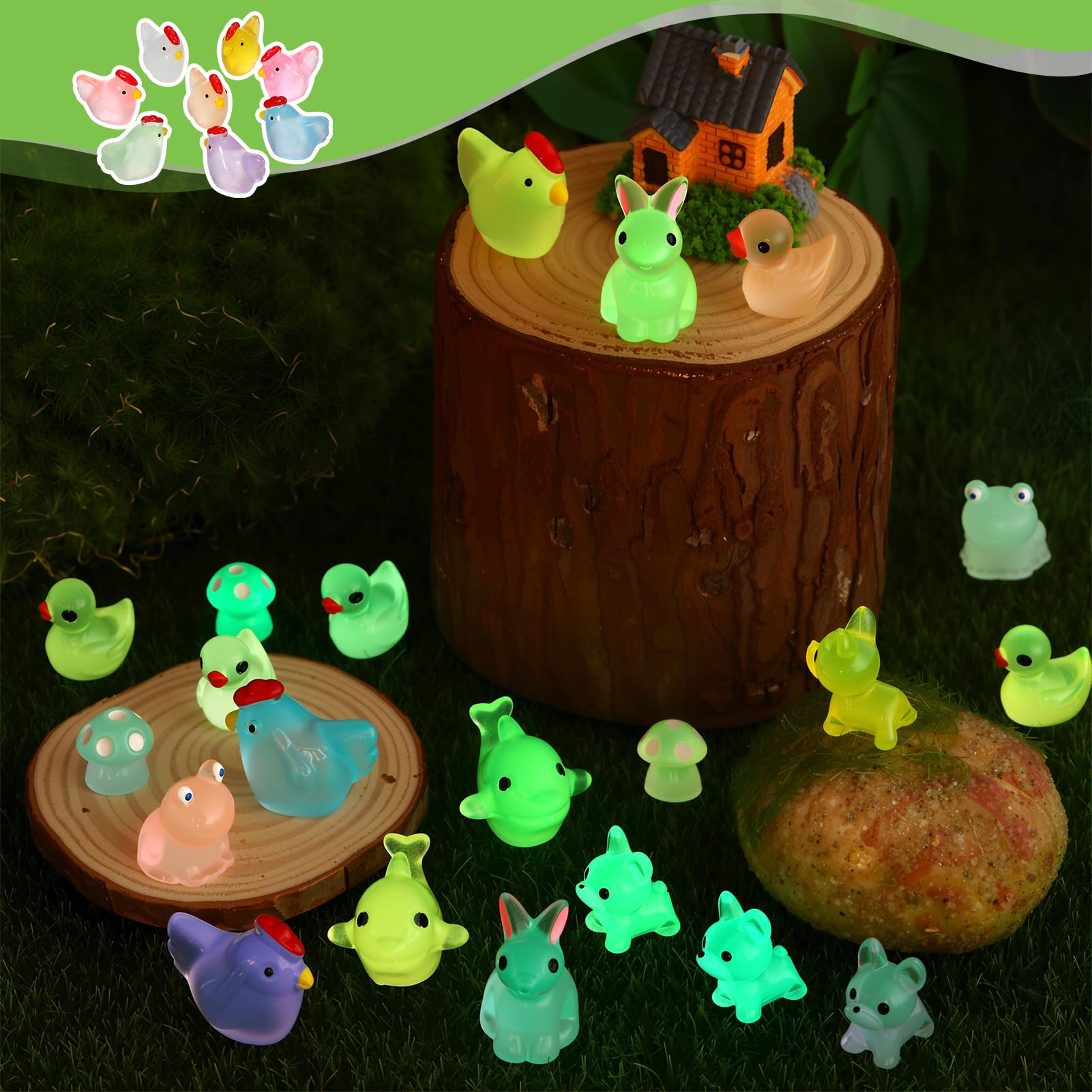Collection of luminous mini animals in garden setting