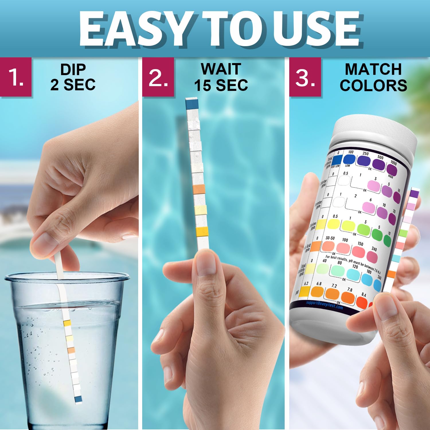 Color chart for EASYTEST Pool Test Strips results comparison