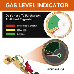 color-coded gauge of liucocotos propane refill adapter in low-light setting