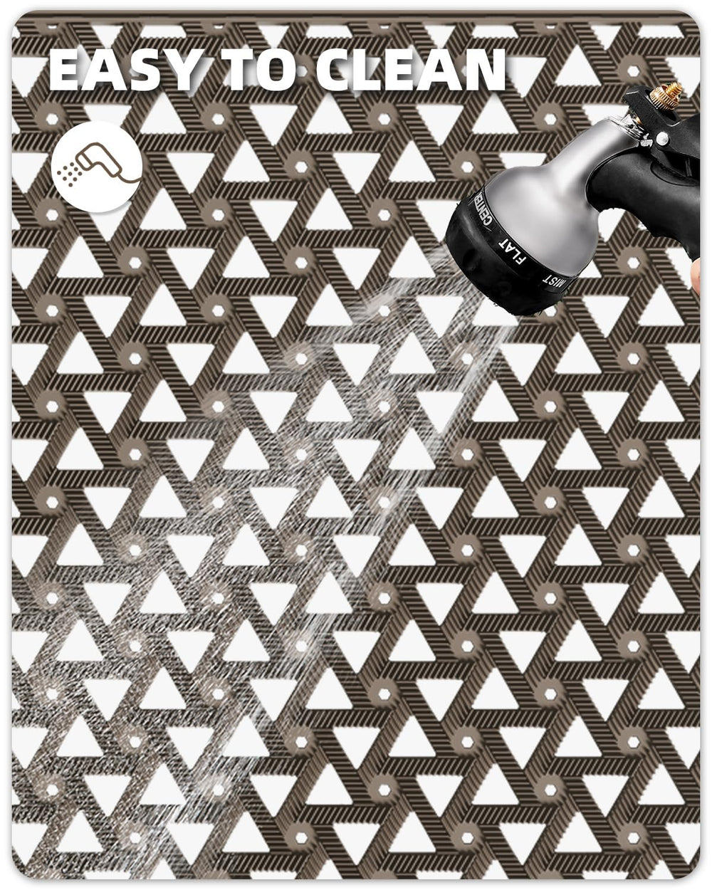 Color&Geometry door mat demonstrating easy cleaning with a broom