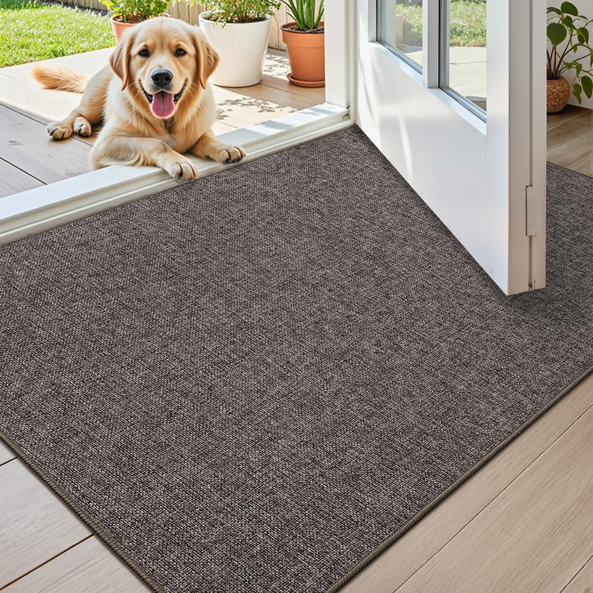 Color&Geometry Ultra-Thin Door Mat front view 32x48 inches Grey-Brown Linen