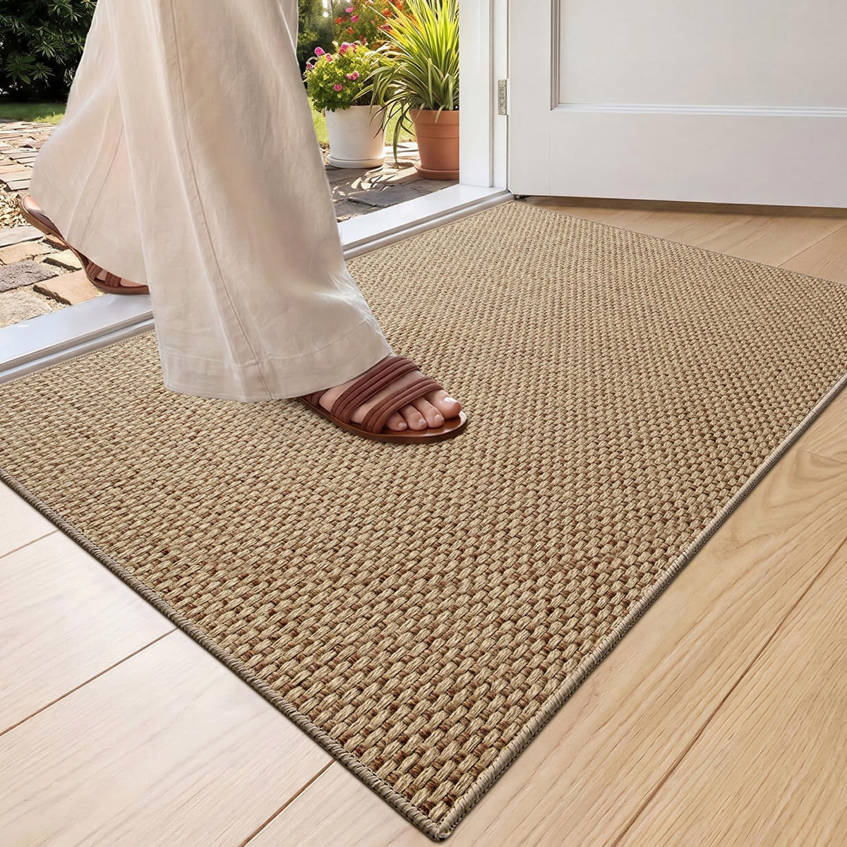 Color&Geometry Ultra-Thin Indoor Door Mat 17x30 Heather Dark Beige front view
