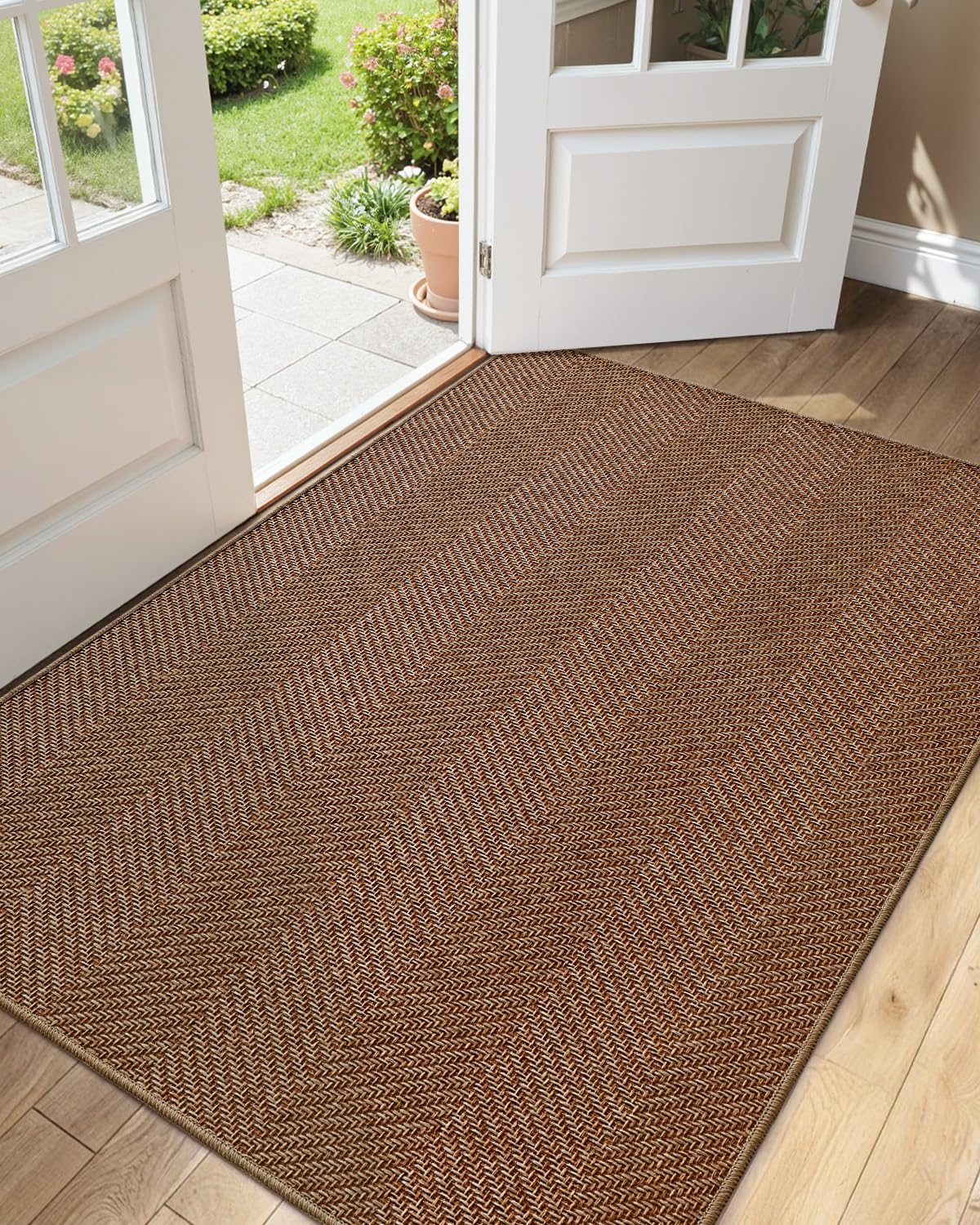 Color&Geometry Ultra Thin Indoor Door Mat 36"x60" front view in warm chestnut