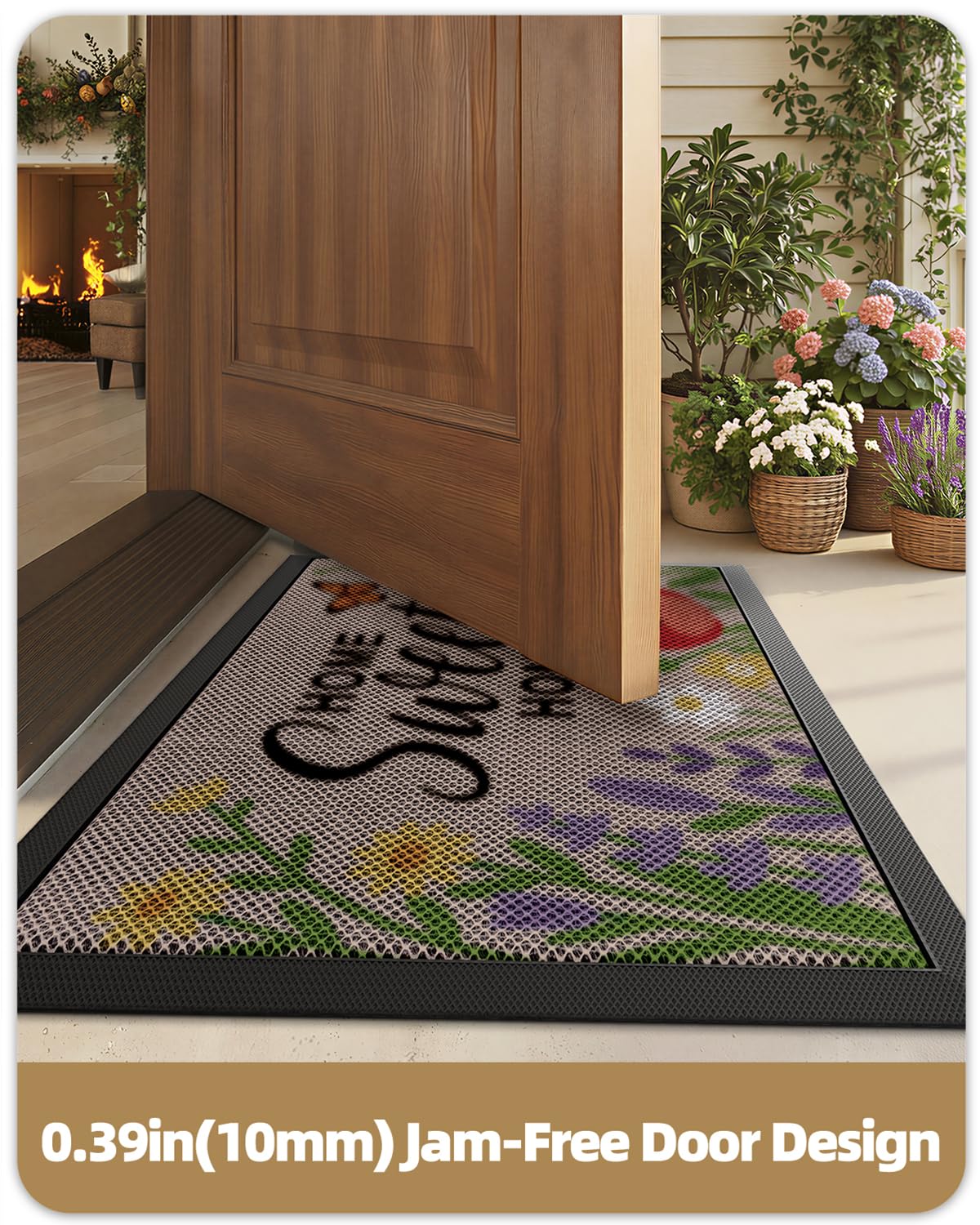 Color&Geometry Welcome Door Mat in front of a wooden door