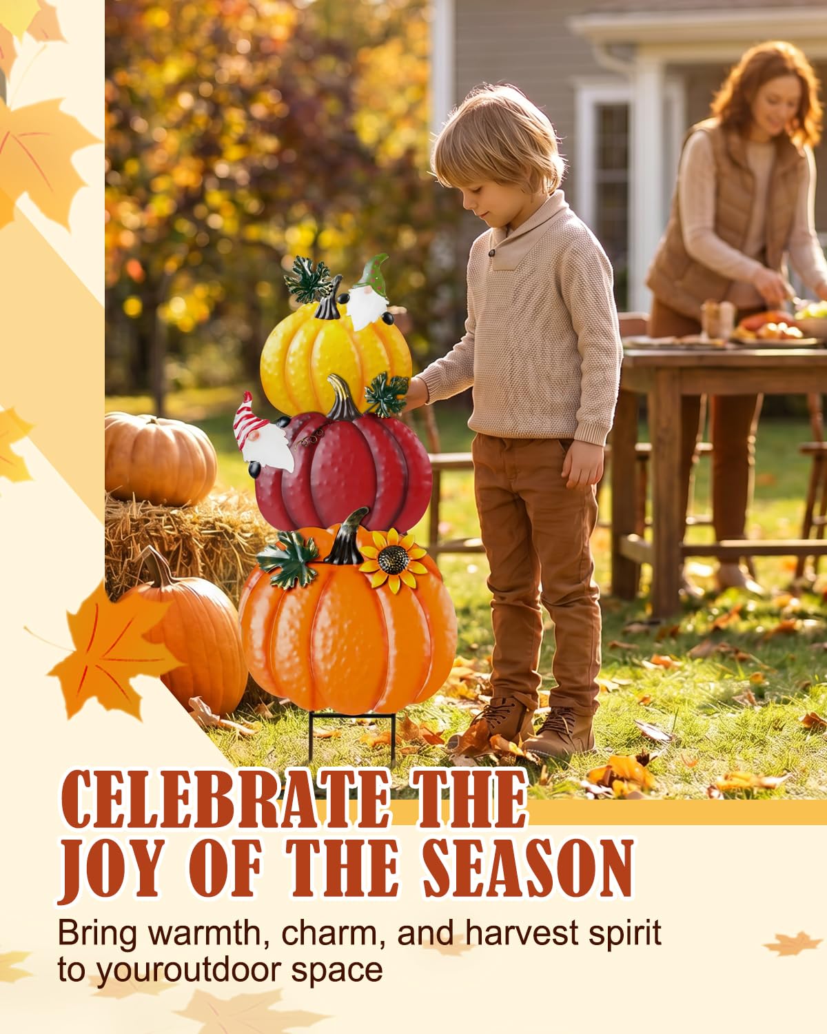 Colorful autumn scene with Fernaltona pumpkin stakes in a garden