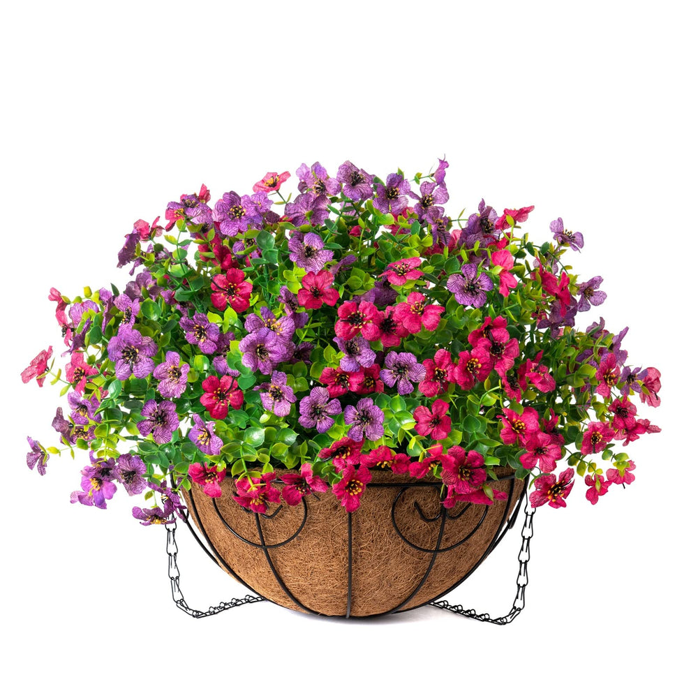Colorful HyeFlora faux hanging plants in full view