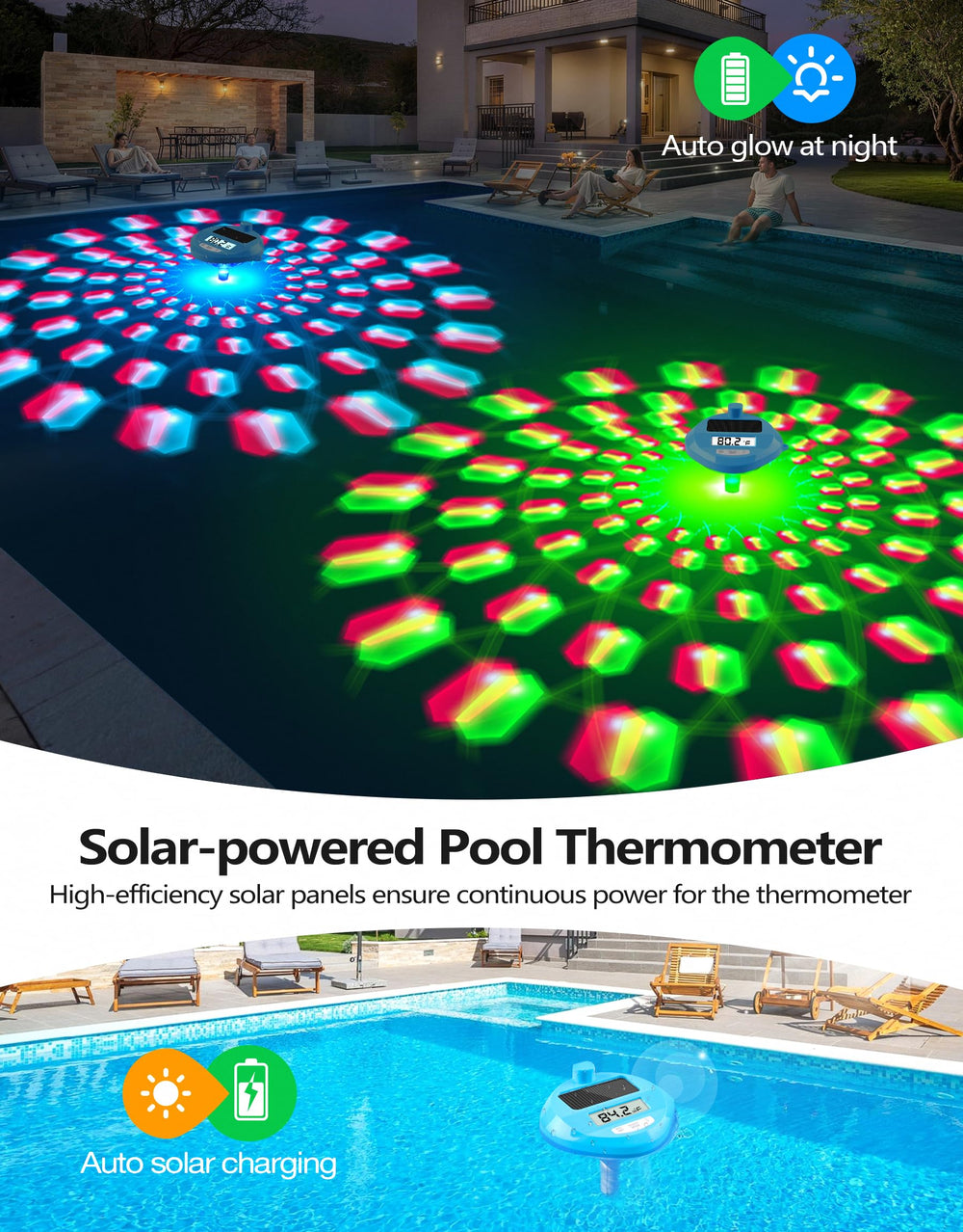 Colorful light show from the pool thermometer at night