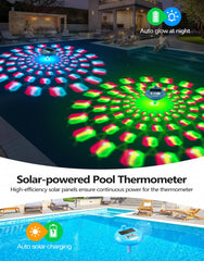 Colorful light show from the pool thermometer at night