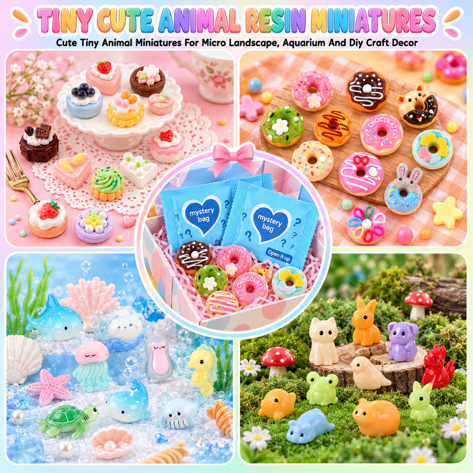 Colorful mini glow-in-the-dark animal figures in a craft setting