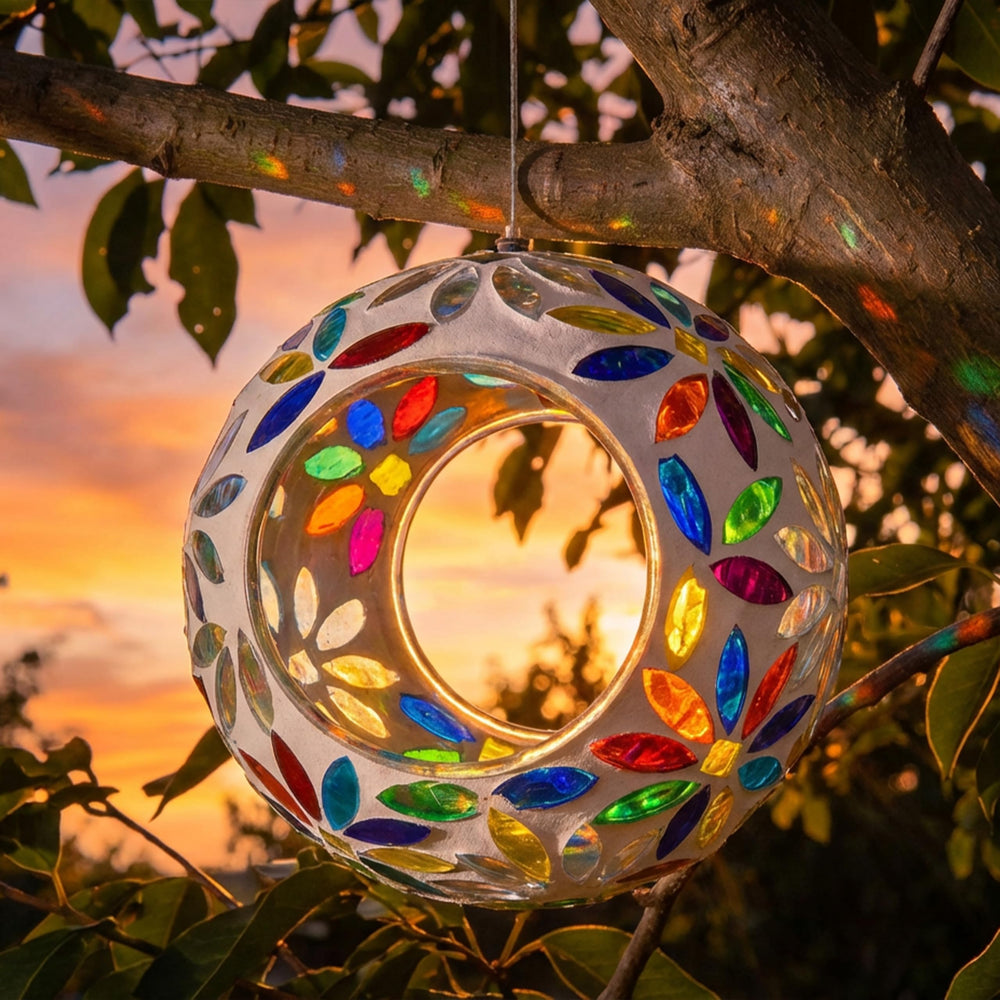Colorful mosaic design of Sunnydaze Bird Feeder against garden background