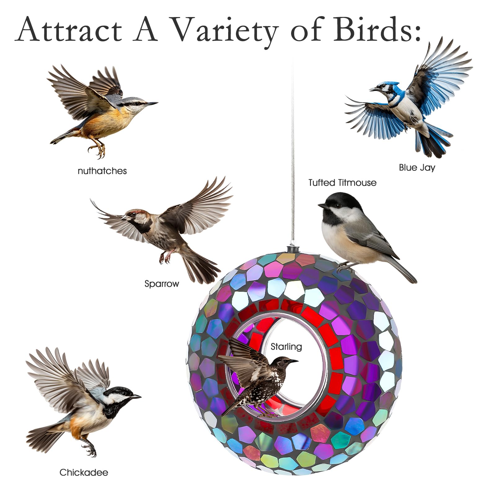 Colorful mosaic glass of Tegarbed Bird Feeder reflecting sunlight
