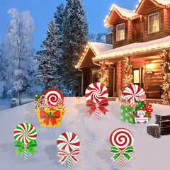 Colorful outdoor candy decorations in a festive garden