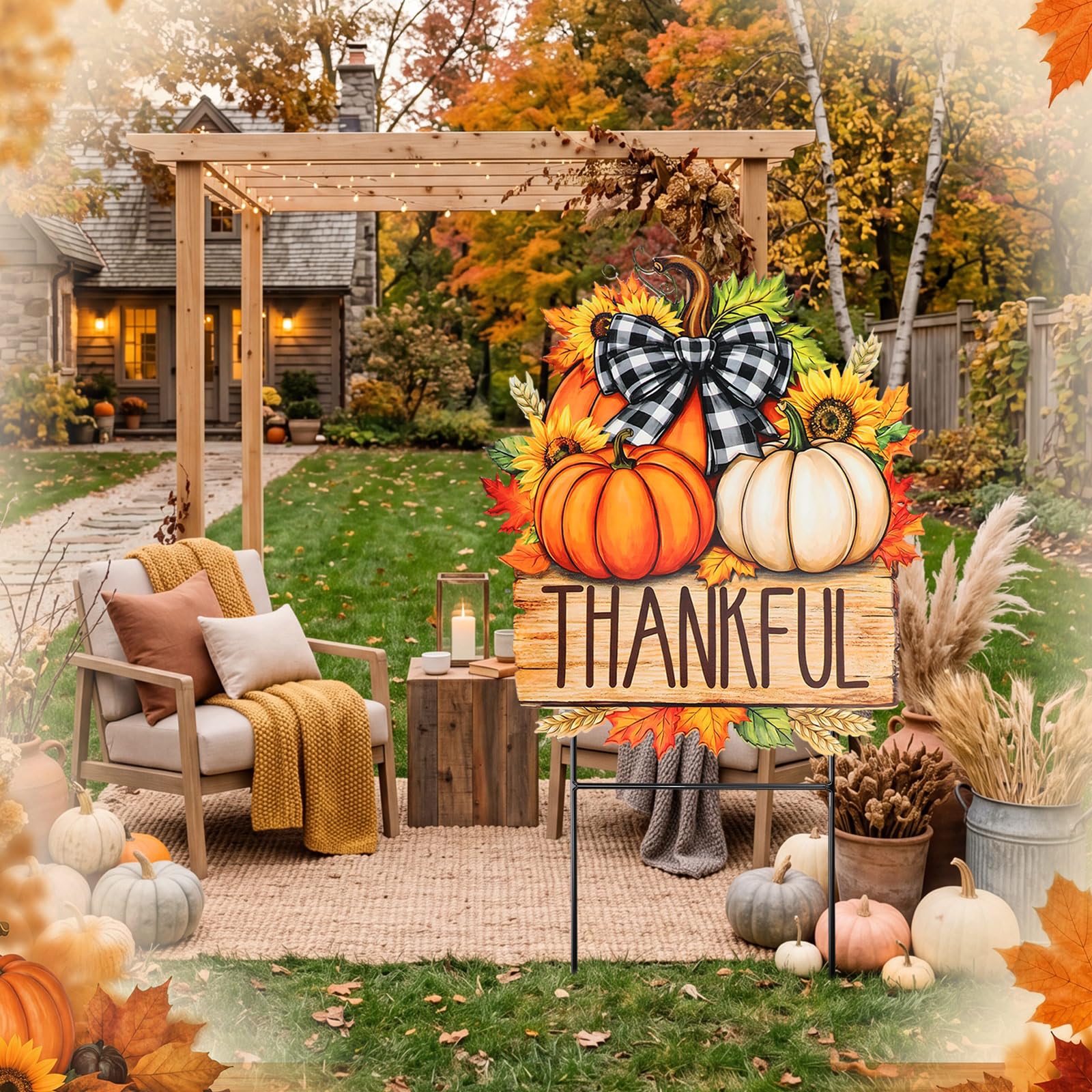 Colorful pumpkin yard sign creating shadows in sunlight