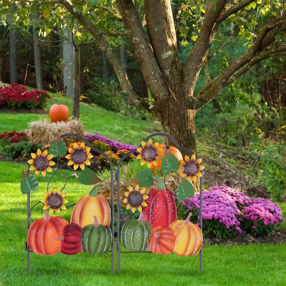 colorful pumpkins and sunflowers on hogardeck garden stakes