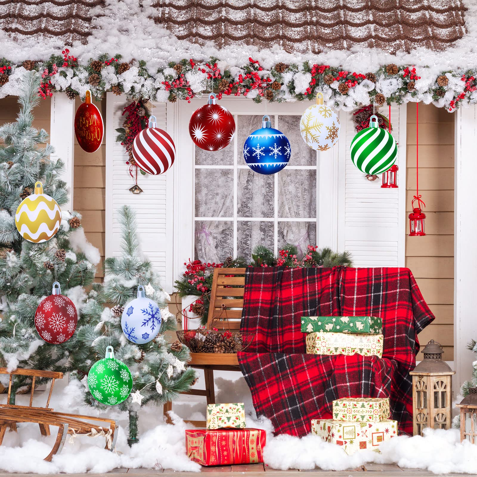 Colorful Sumind Christmas ornaments displayed on a fence