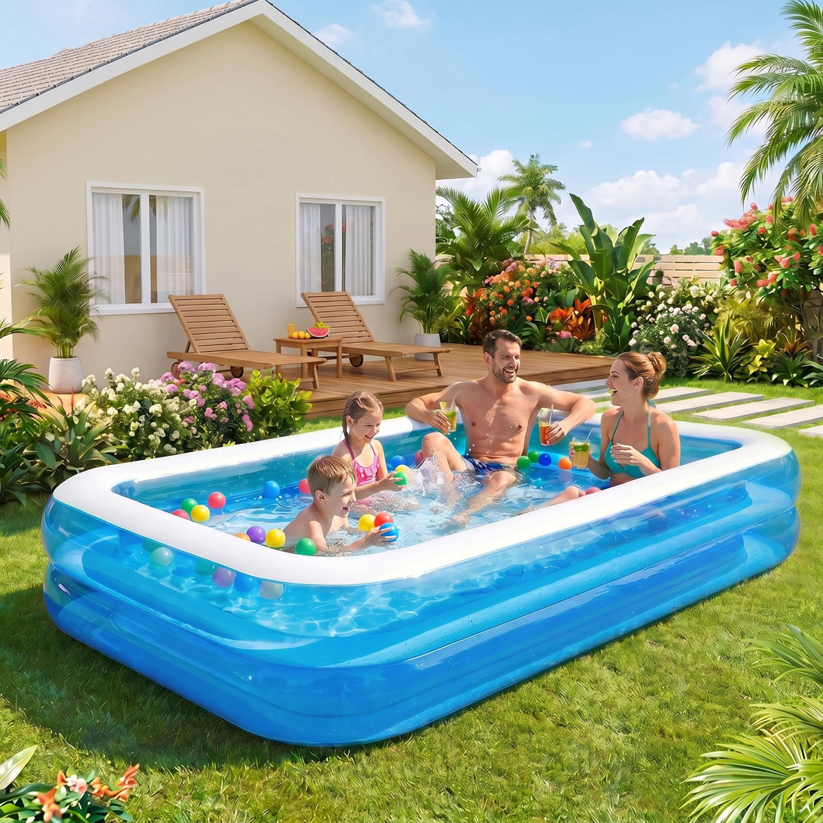 Colorfun full-sized inflatable swimming pool, blue model side view