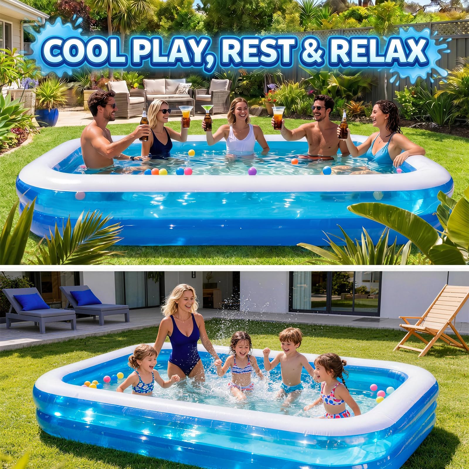 Colorfun inflatable pool set up in a backyard garden
