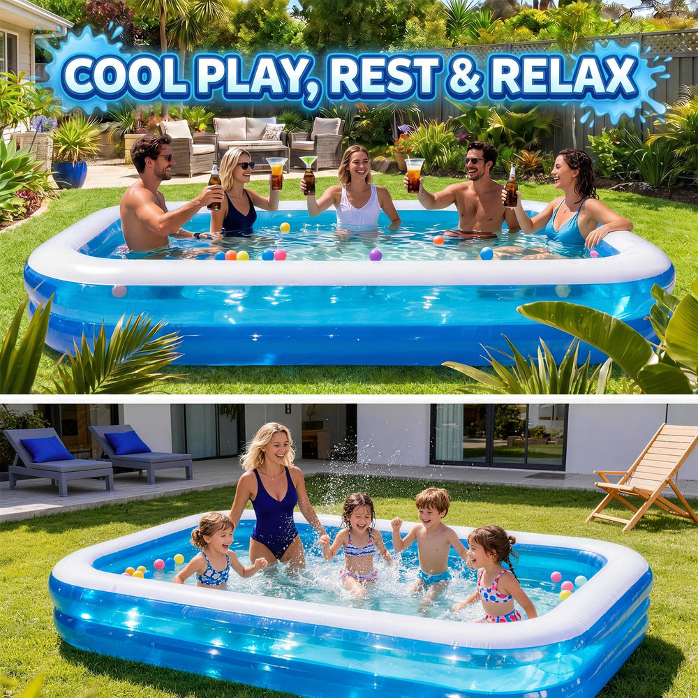 Colorfun inflatable pool set up in a backyard garden