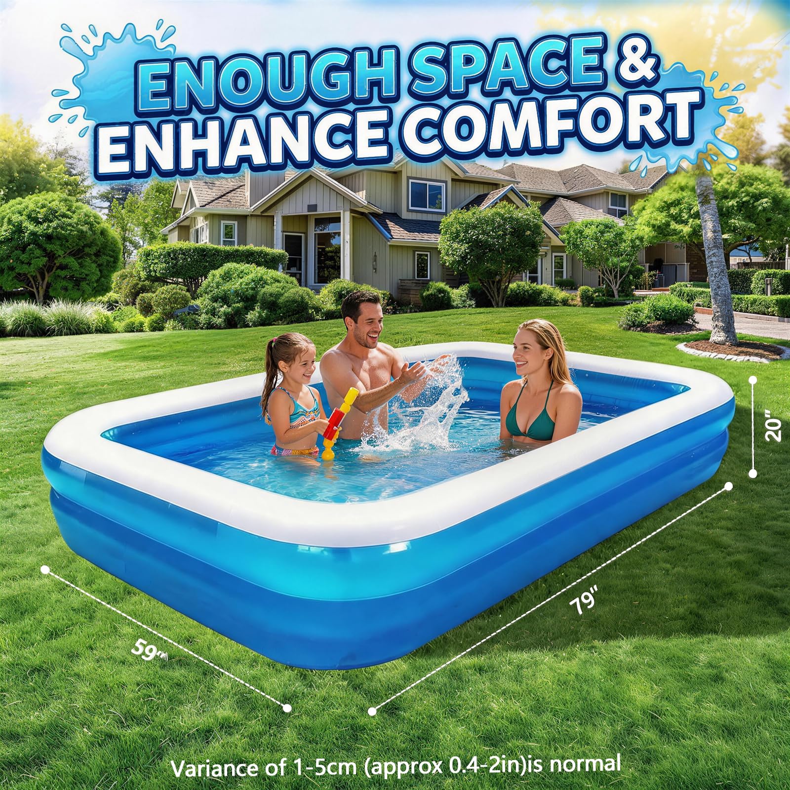 Colorfun inflatable swimming pool with family enjoying a summer day
