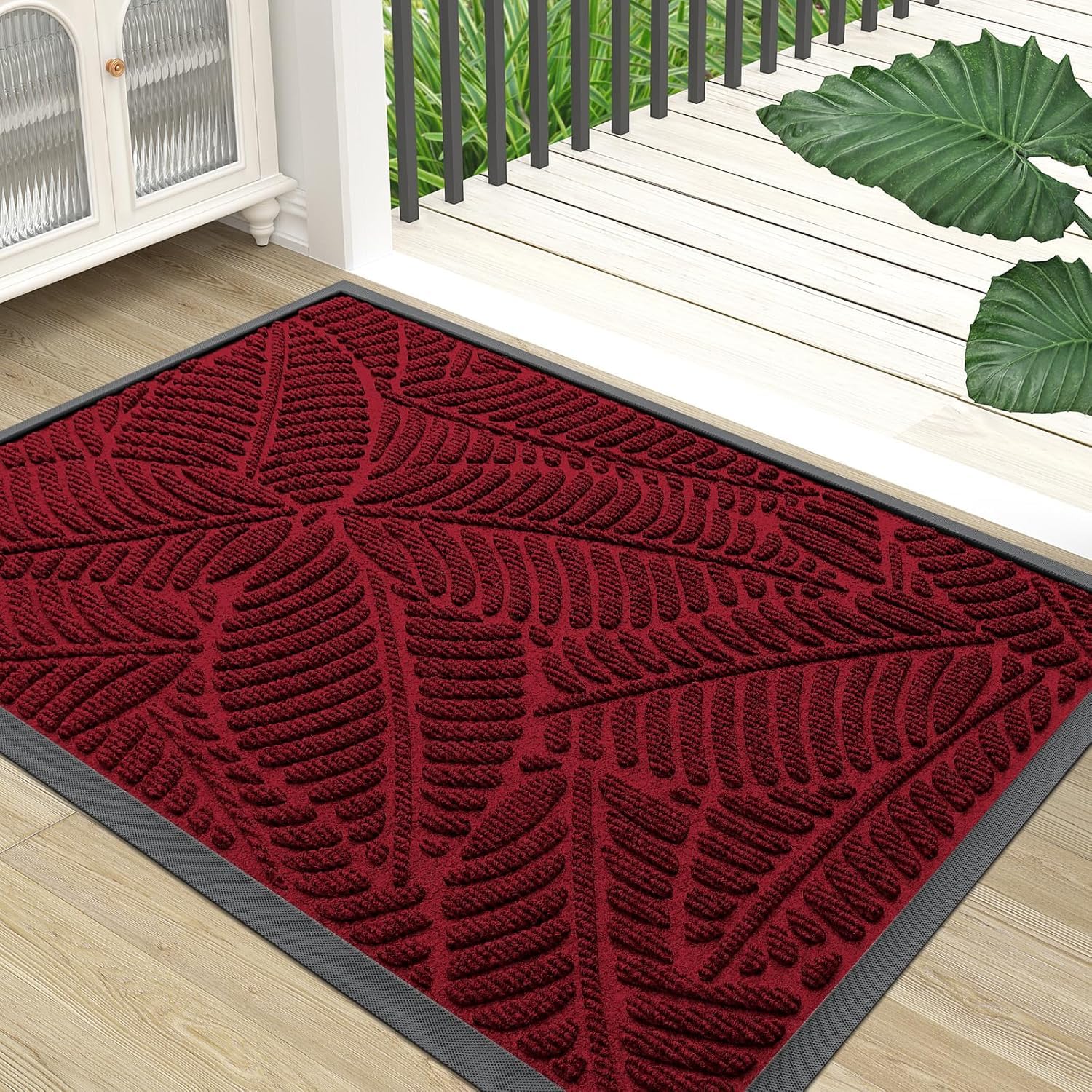 Colorxy Waterproof Front Doormat front view, burgundy