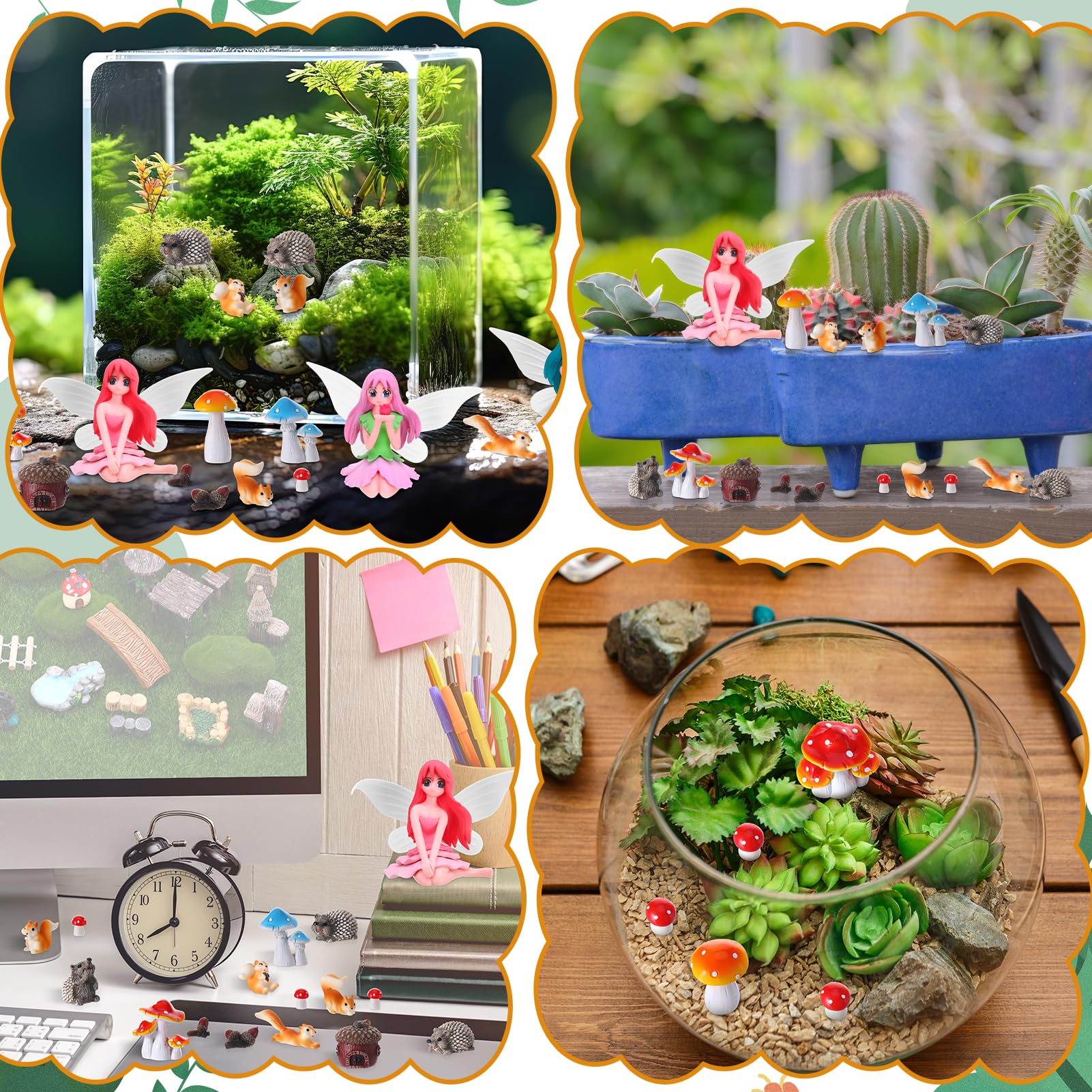 Colourful GGSTDDUP fairy figures in a garden setting