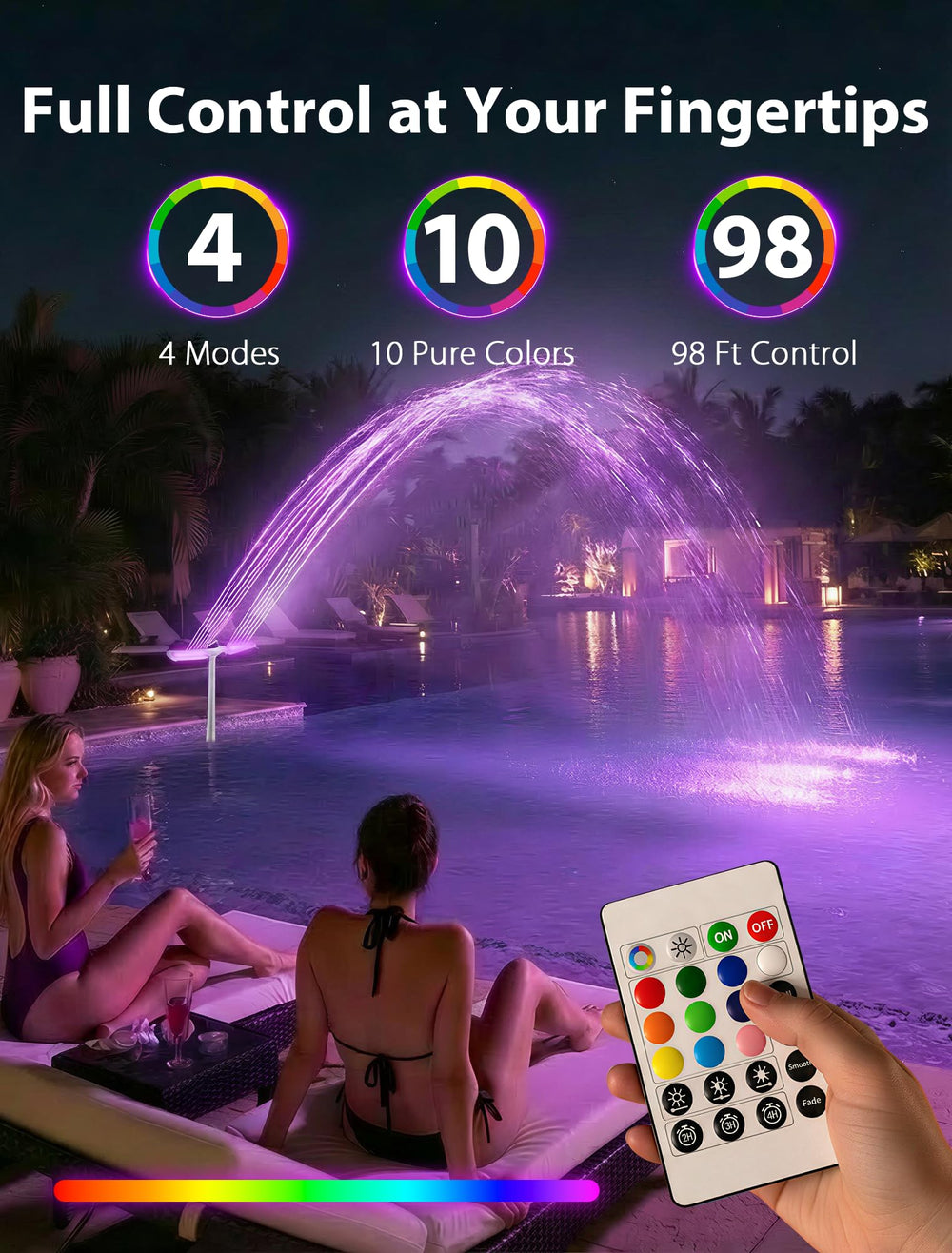 Colourful lights of POOLHOUR Solar Pool Fountain at night