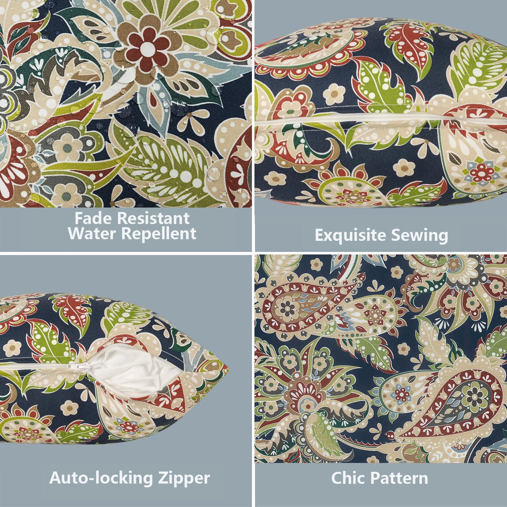 Colourful LVTXIII outdoor pillow covers displayed on patio furniture