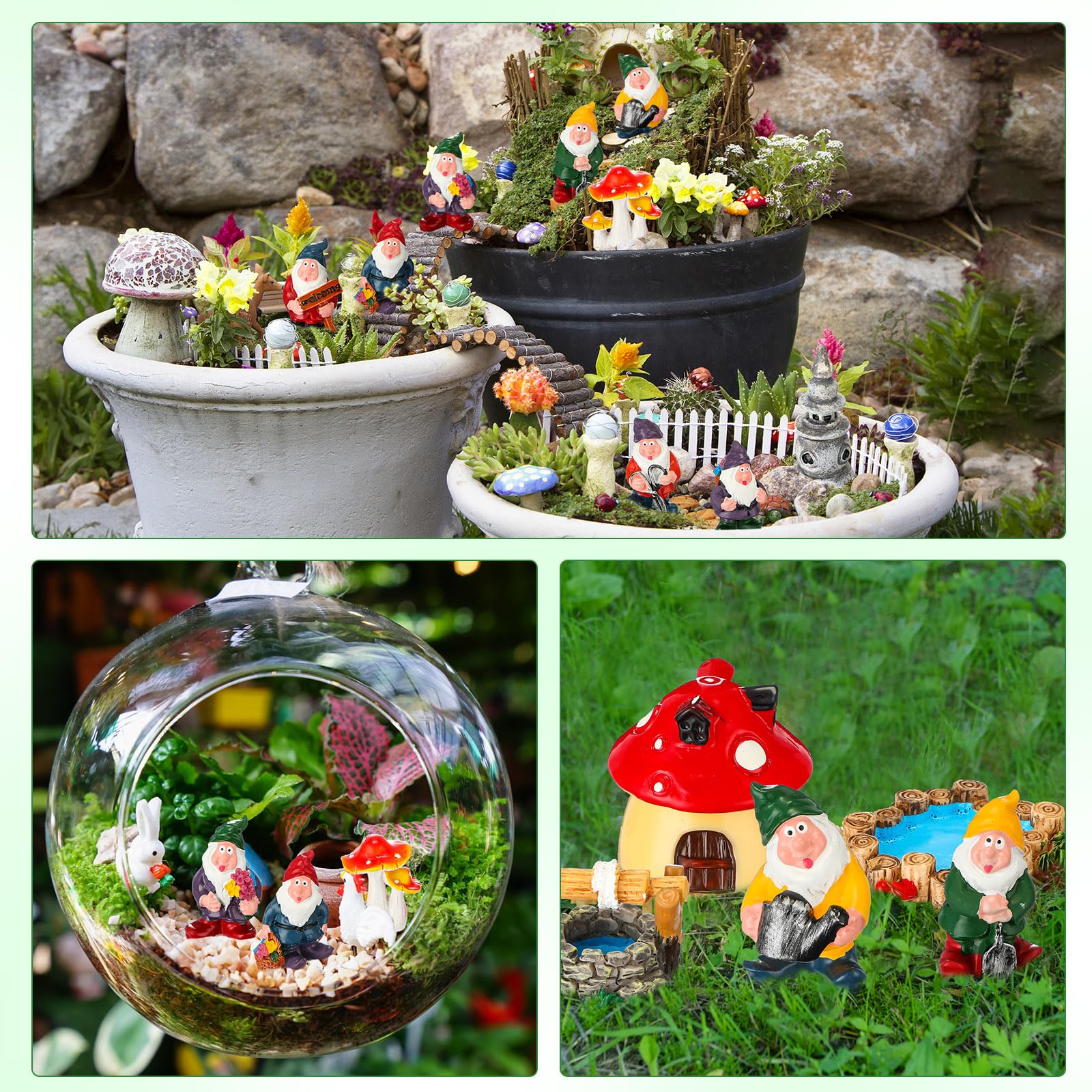 Colourful mushroom and pond figures in Unittype gnome set