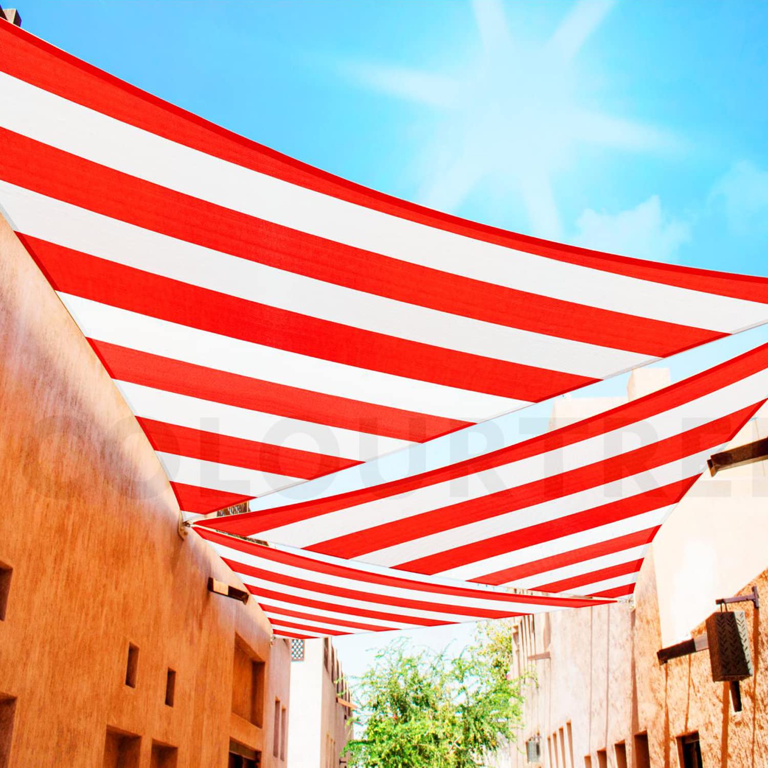 ColourTree 8' x 8' Triangle Sun Shade Sail in red and white stripes front view