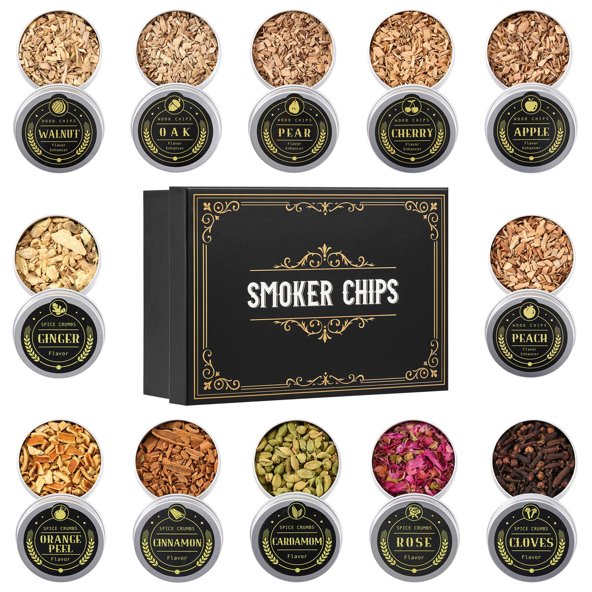 ComboJoy 12 Flavor Cocktail Smoker Wood Chips gift set in premium tin containers