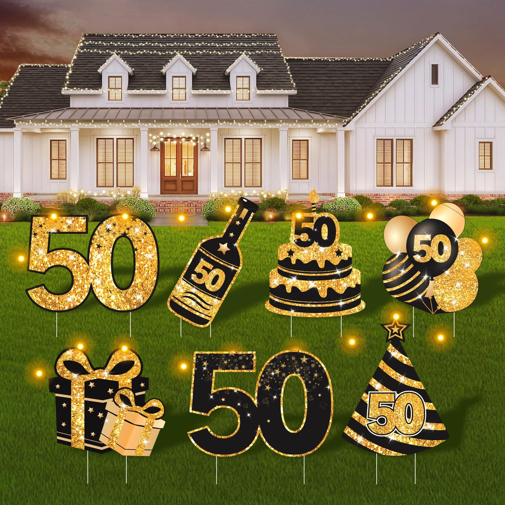 ComboJoy 50th Birthday Yard Signs set with LED lights front view