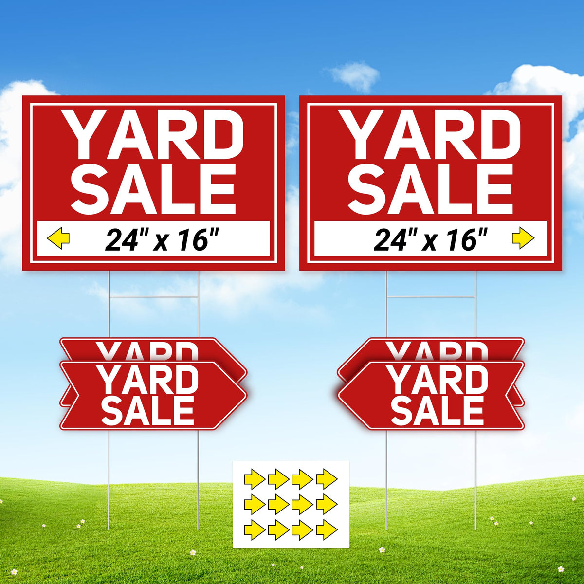 ComboJoy yard sale signs set with 2 extra-large 24"x16" foldable signs and 4 arrow signs 17"x6"