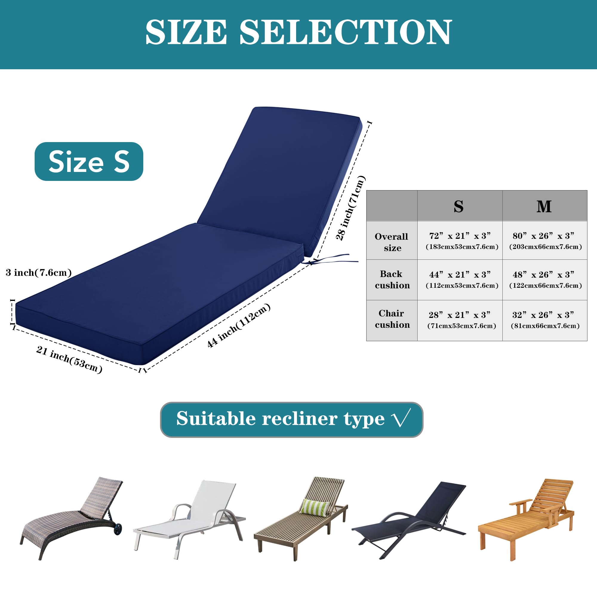 Comcaver Chaise Lounge Cushion Navy hidden zipper close-up