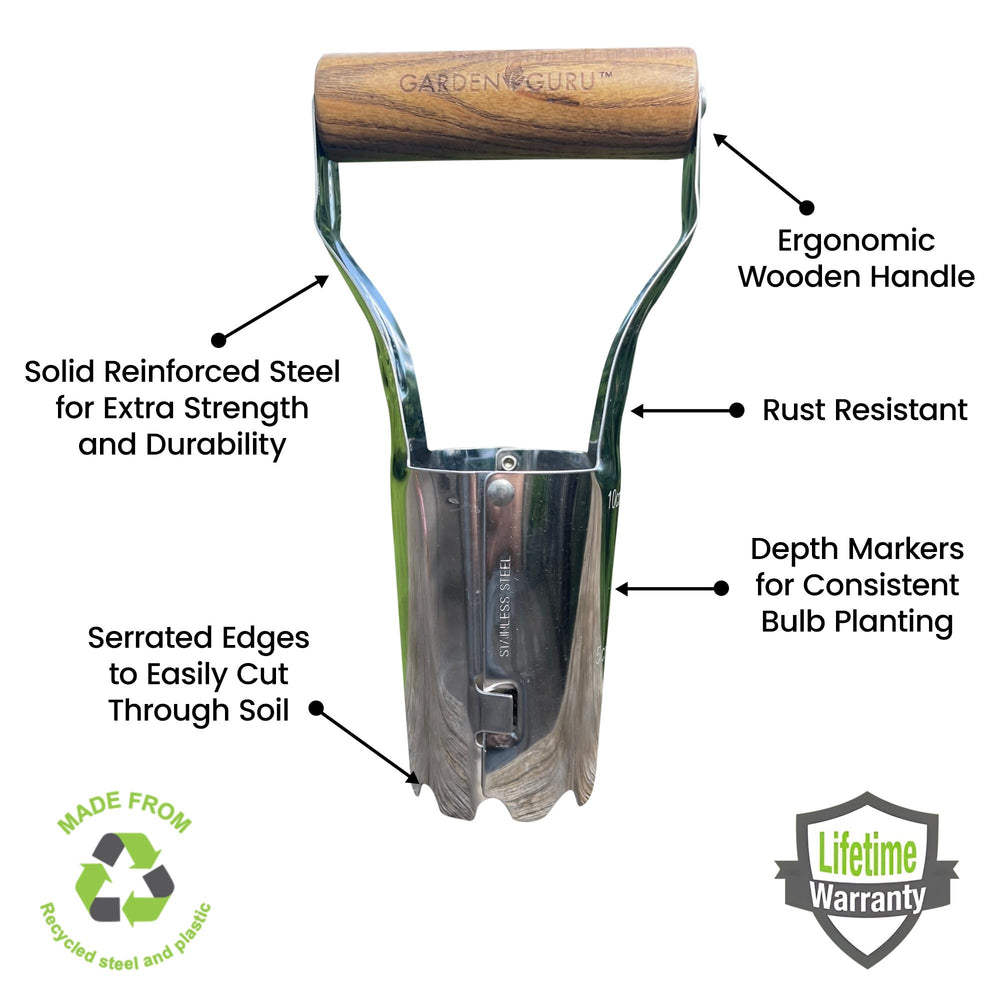Comfortable wood carved handle of the Garden Guru Bulb Planter