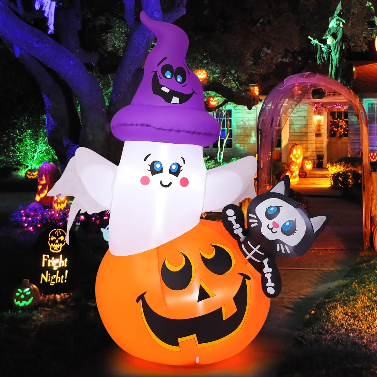 COMIN 5 FT Halloween inflatable pumpkin ghost cat front view