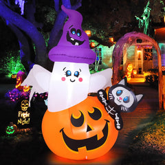 COMIN 5 FT Halloween inflatable pumpkin ghost cat front view