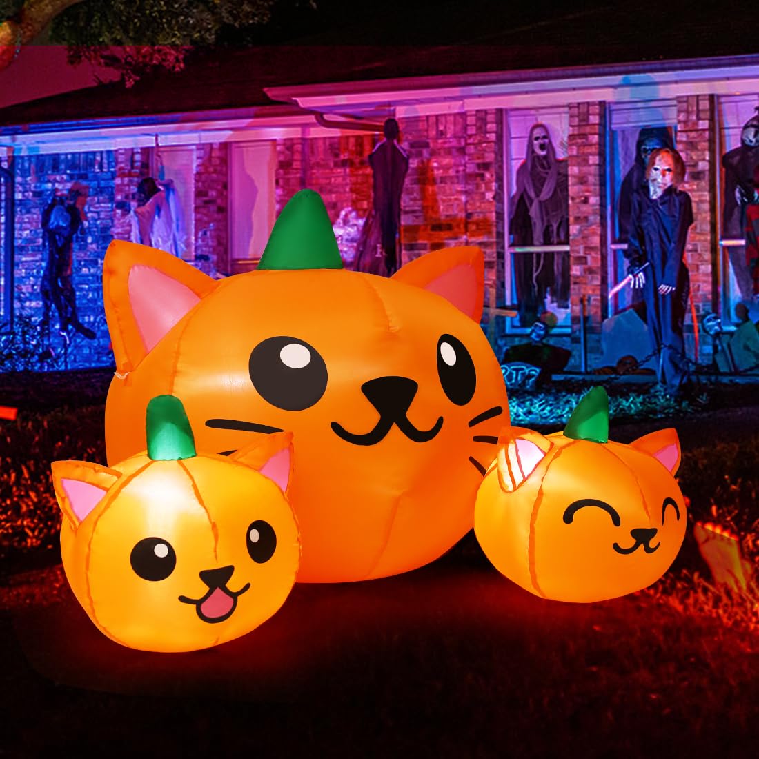 COMIN 5FT Halloween inflatable pumpkin cat decoration front view