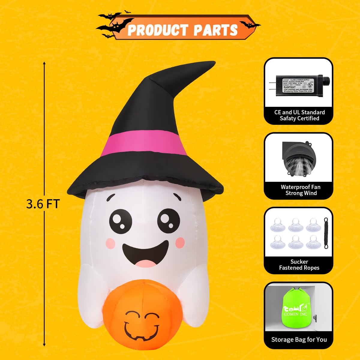 COMIN Halloween inflatable ghost hugging a pumpkin side view
