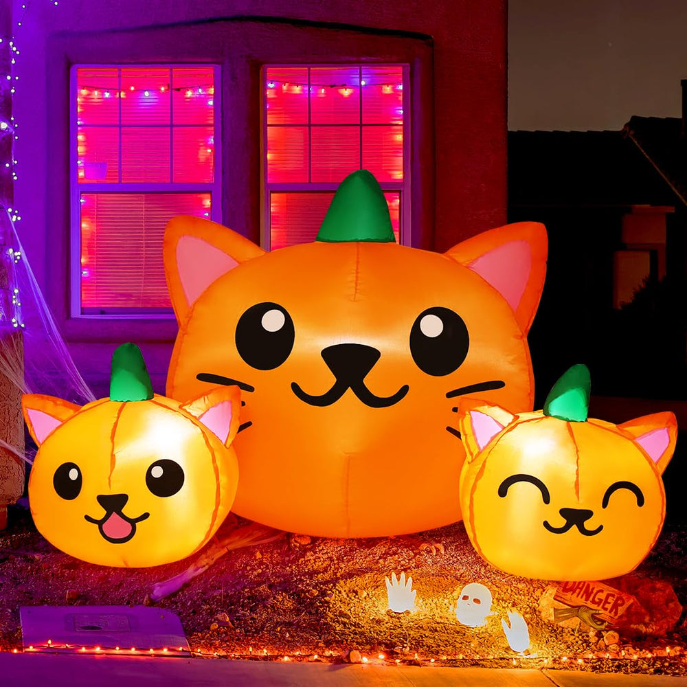 COMIN Halloween inflatable pumpkin cat with LED lights night view