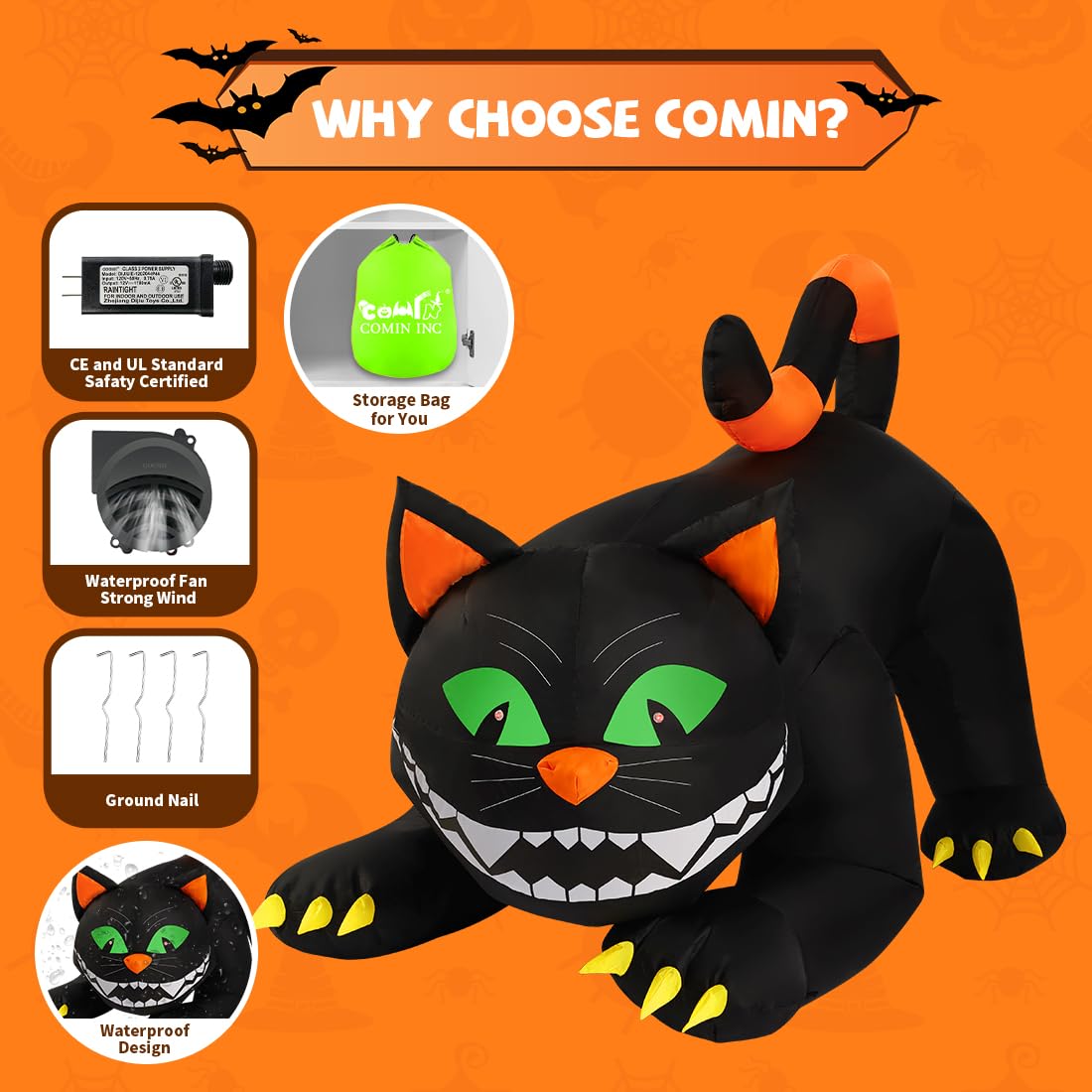 COMIN inflatable black cat with included ground stakes and storage bag