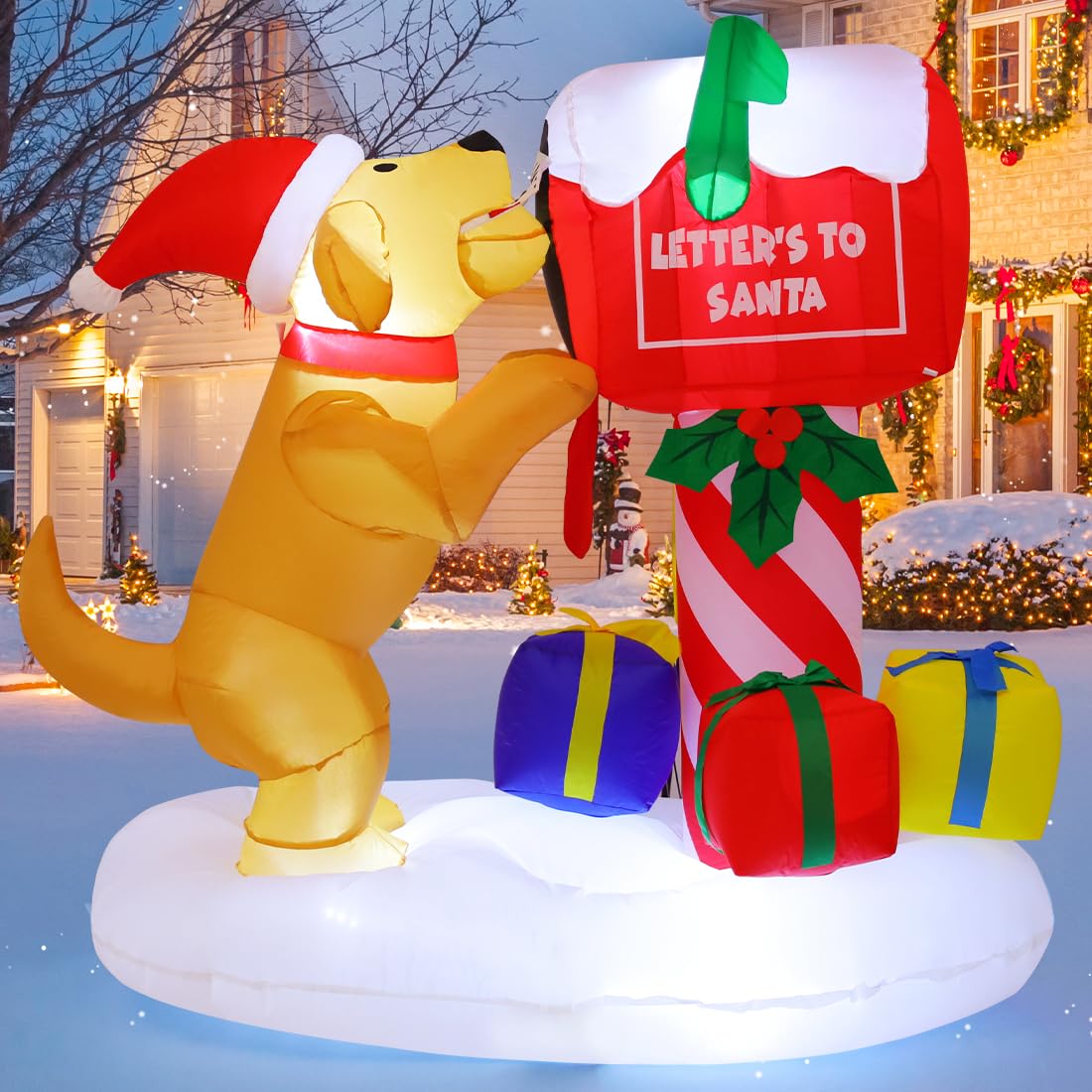 COMIN inflatable dog mailbox in festive yard setting