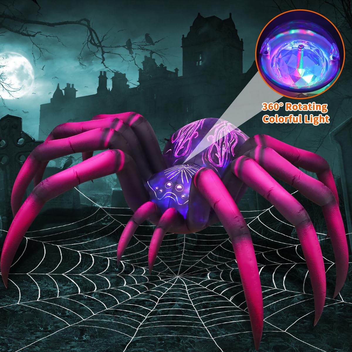 COMIN inflatable spider with built-in LEDs lit at night