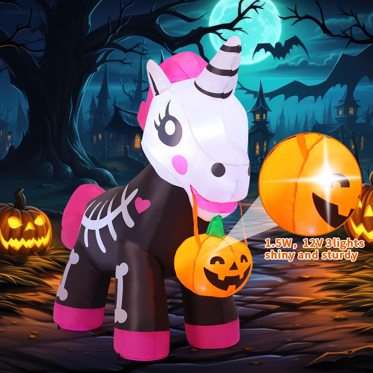COMIN inflatable unicorn with pumpkin in outdoor garden setting