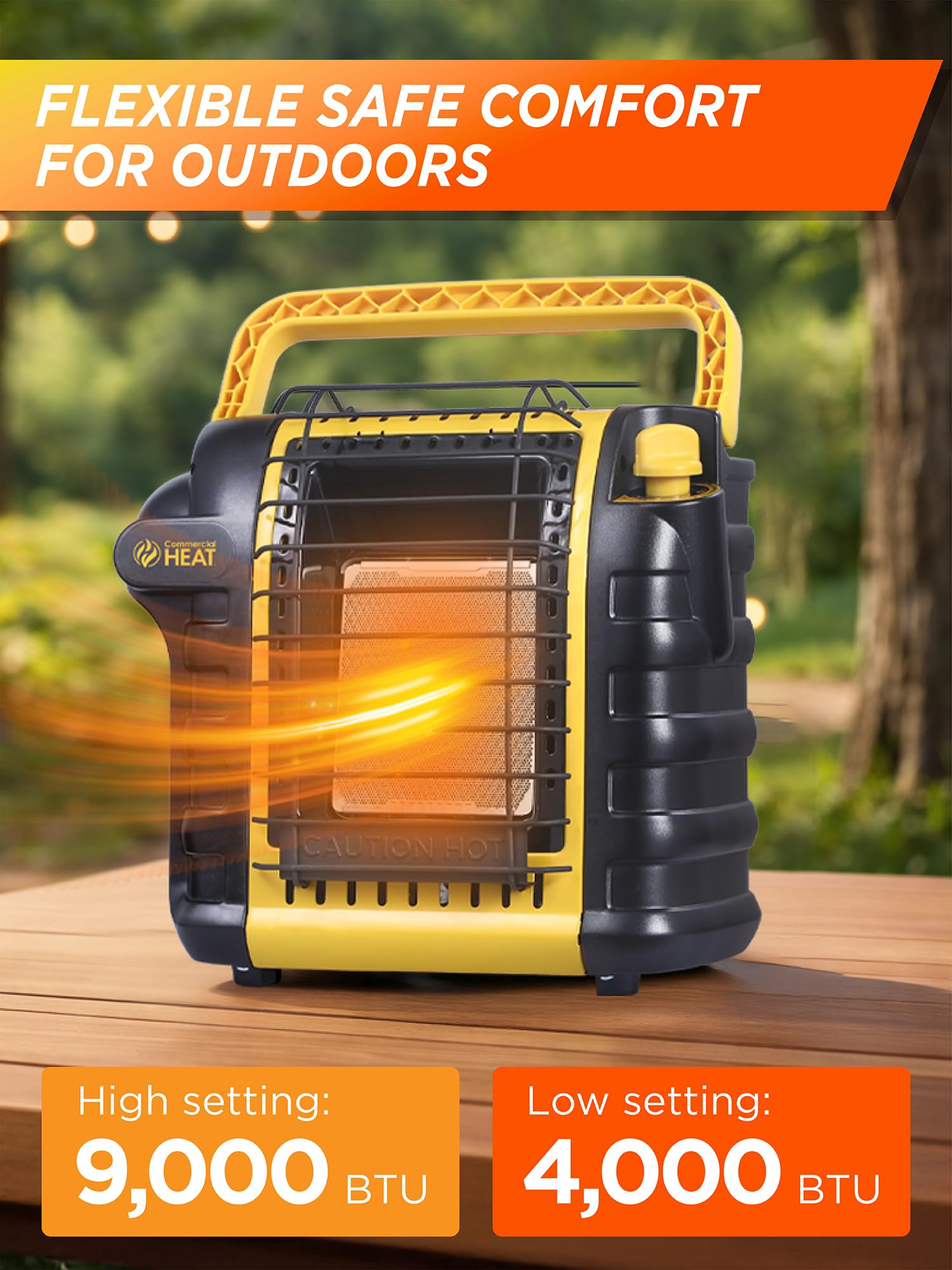 Commercial HEAT Portable Propane Heater side view with propane connection