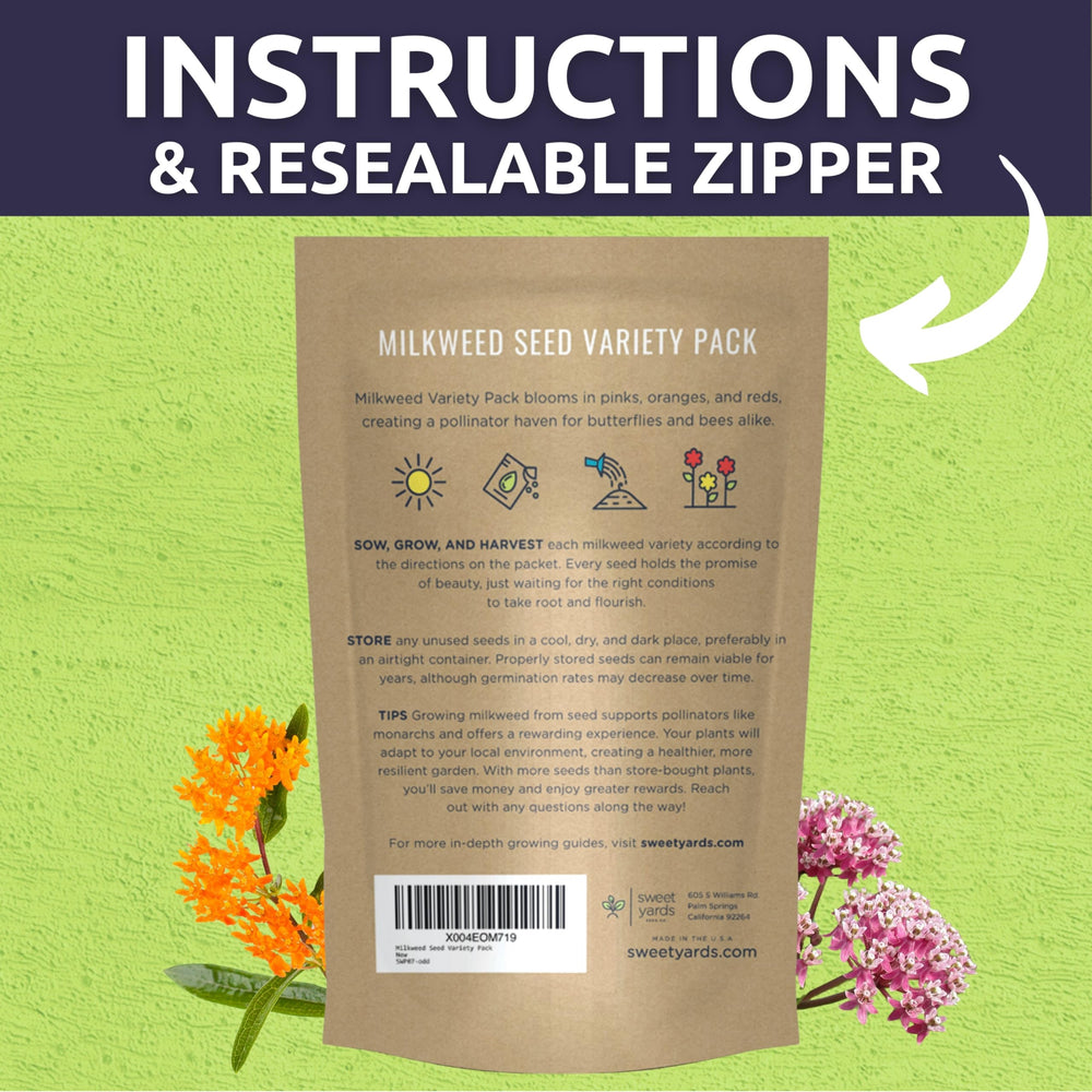 Common Pink Milkweed seed packet with planting instructions