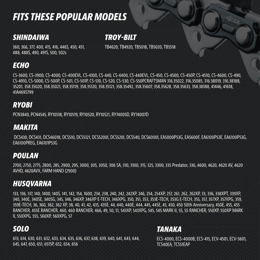 Compatible chainsaw models for KUZA 18 Inch Chainsaw Chain