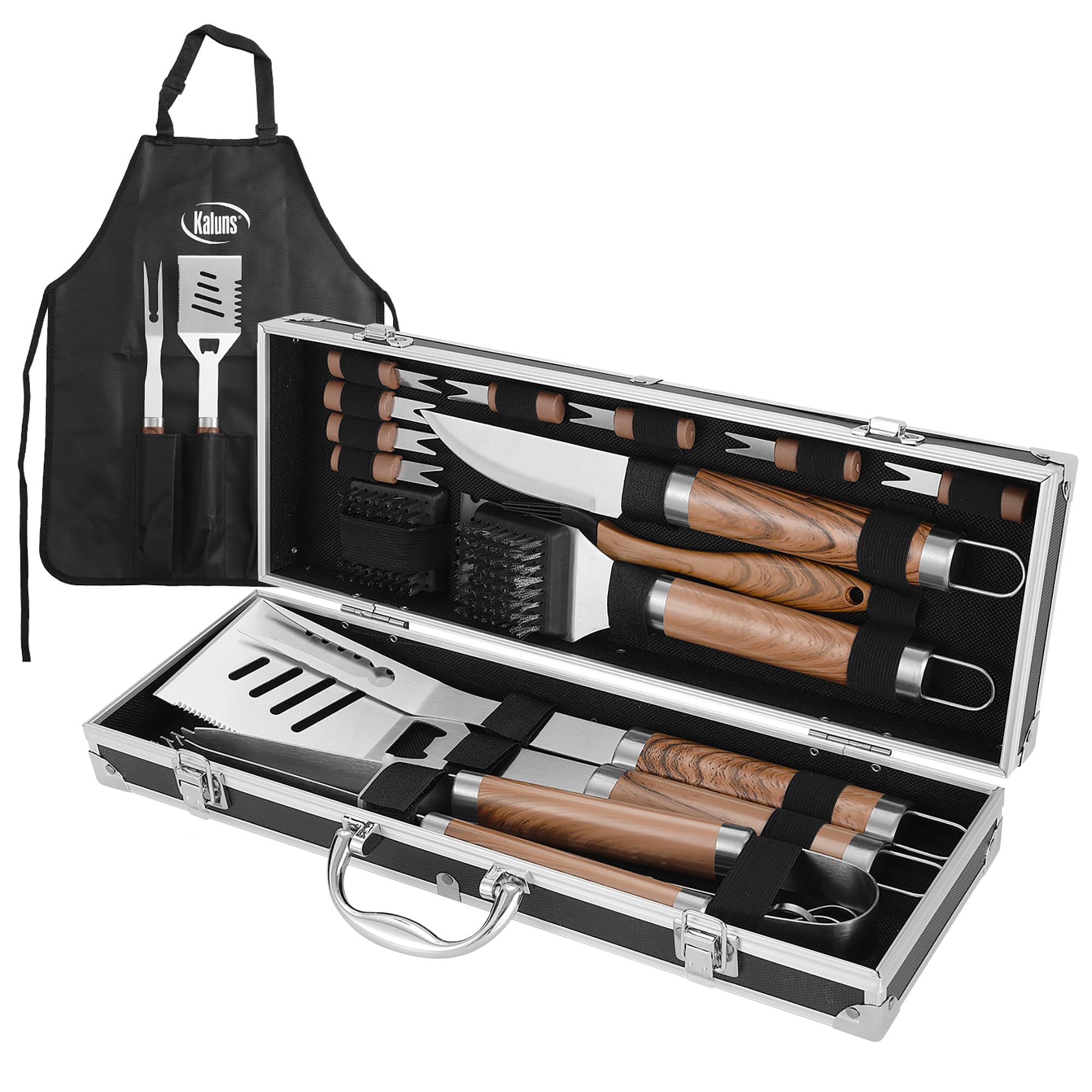 Complete 21-piece BBQ tool set displayed on a table