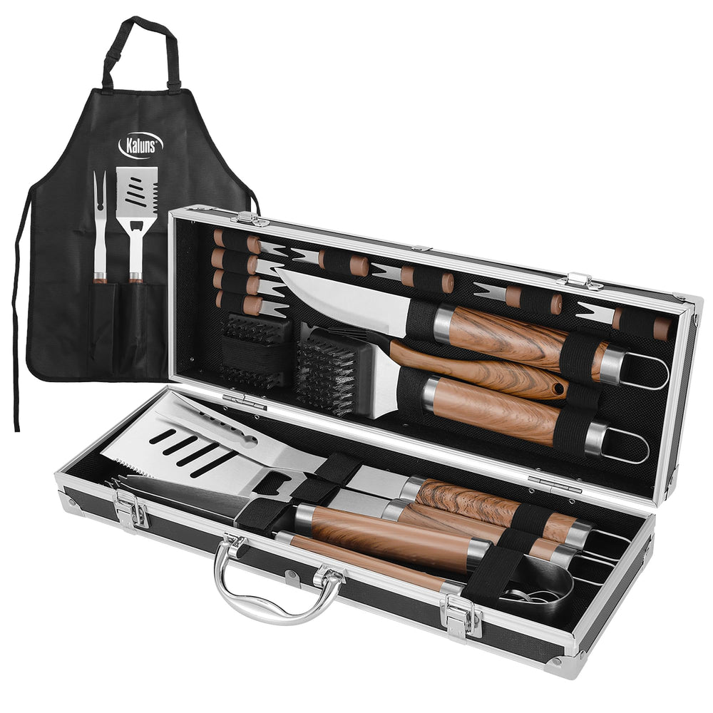 Complete 21-piece BBQ tool set displayed on a table