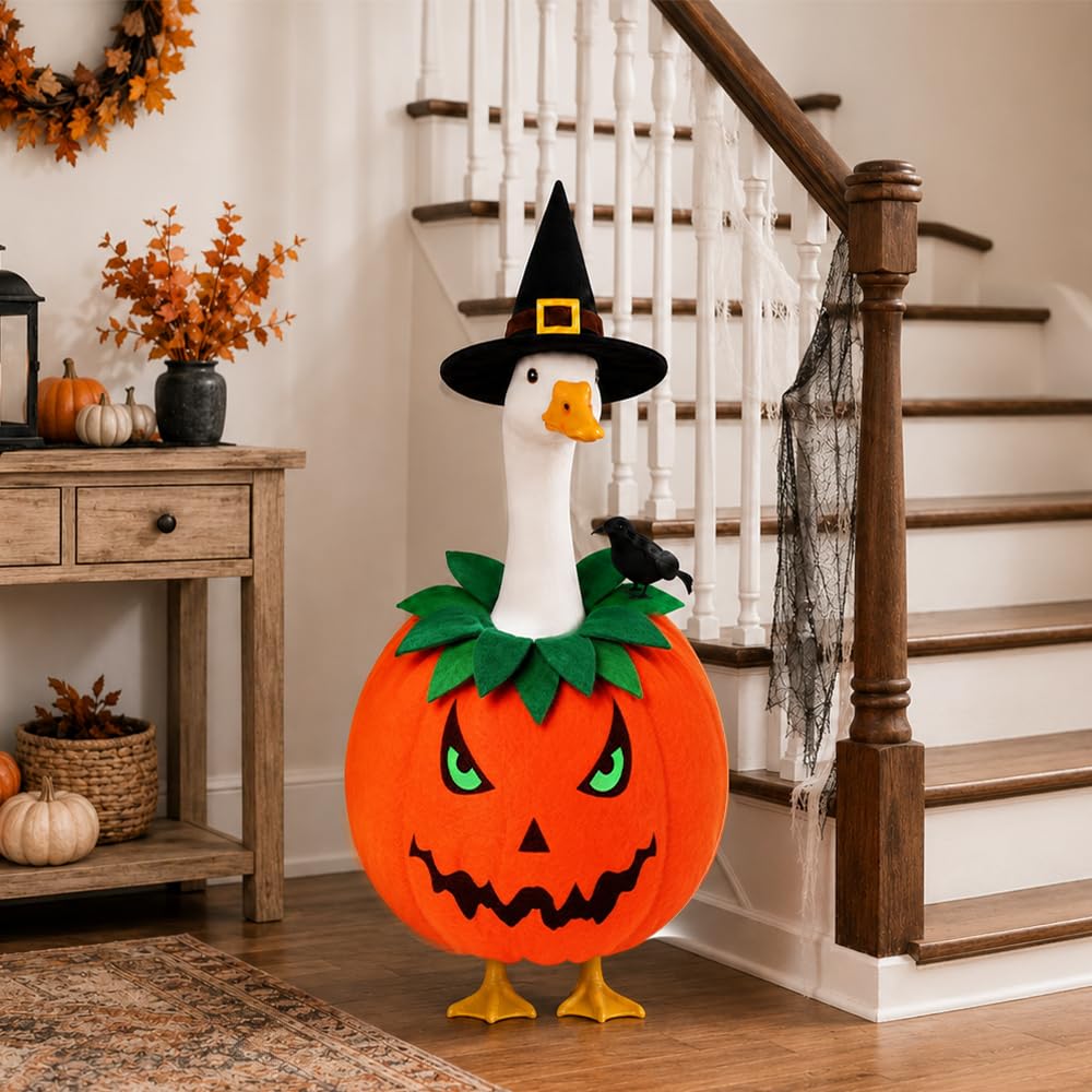 Complete Halloween pumpkin goose outfit displayed outdoors